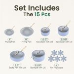 Chef Power 15-Piece Ceramic Nonstick Cookware Set – Pots & Pans (Blue Gray)