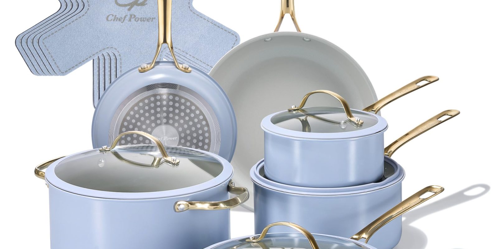 Chef Power 15-Piece Ceramic Nonstick Cookware Set – Pots & Pans (Blue Gray)