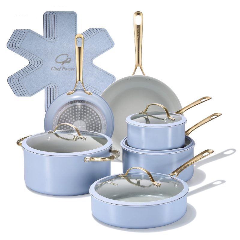 Chef Power 15-Piece Ceramic Nonstick Cookware Set – Pots & Pans (Blue Gray)