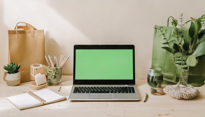 An Etsy maker’s desk with a laptop and handmade goods, representing using AI to run an Etsy shop