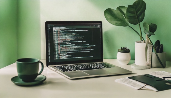A content creator desk with a laptop showing code, representing an AI coding and YouTube workflow
